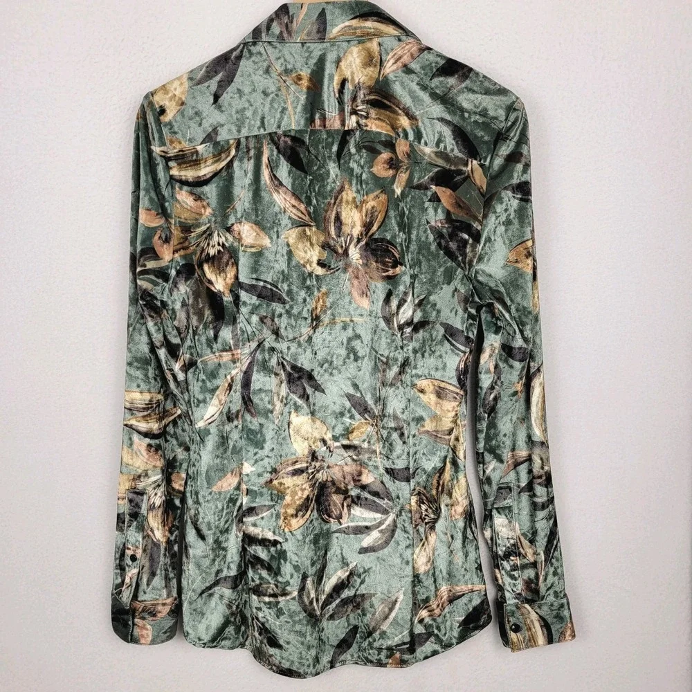 River Island‎ Luxe Velvet Button Down Shirt Men's S Green Floral Slim Stretch